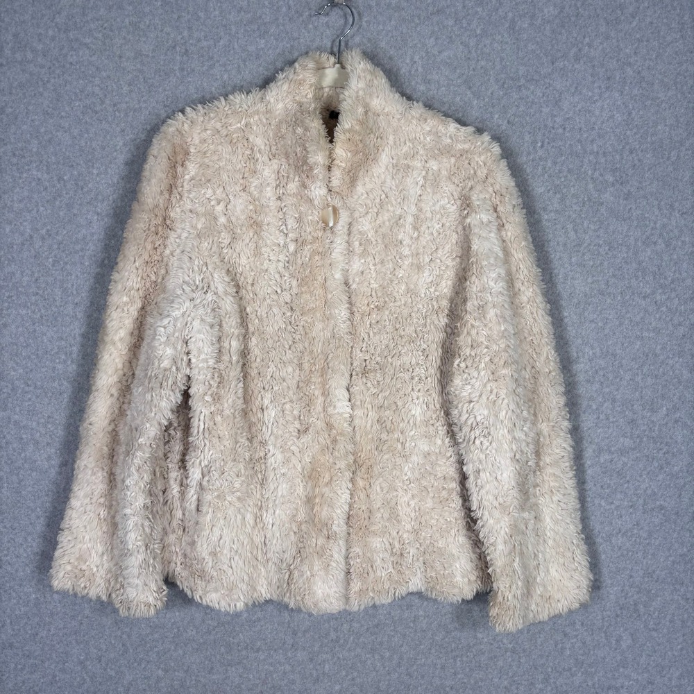 Faux Fur Jacket Medium Cream Soft Shaggy Teddy Coat Pockets Glam Old Money Fuzzy